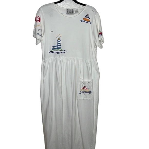Michael Simon Lite White Embroidered Seaside Boat Maxi Dress Sz M - Picture 1 of 5